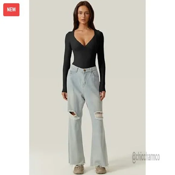 Long Sleeve V Neck Bodysuit Seamed Cup Sculpting Tops